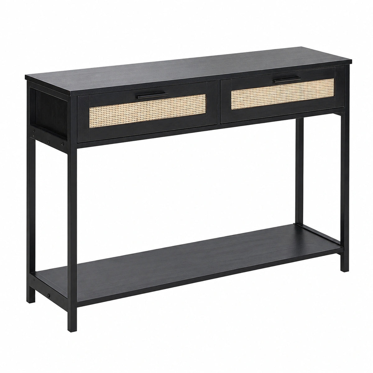 Konsolentisch – 100 × 30 × 75 cm, moderner Stil, mit Schubladen, aus Rattan, Schwarz und Beige